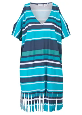 Camiseta larga de playa con aberturas y de viscosa sostenible azul / turquesa con rayas