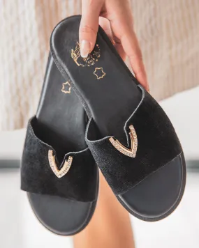 Sandalia plana de cuero negro para mujer - MJNP88