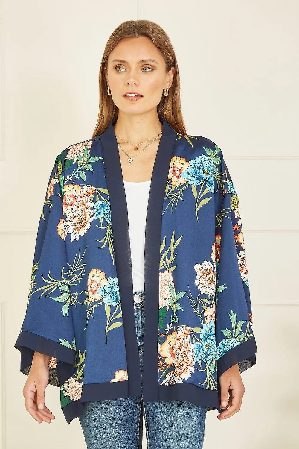 Women's Mela London Mela Curve Navy Floral Print Satin Kimono